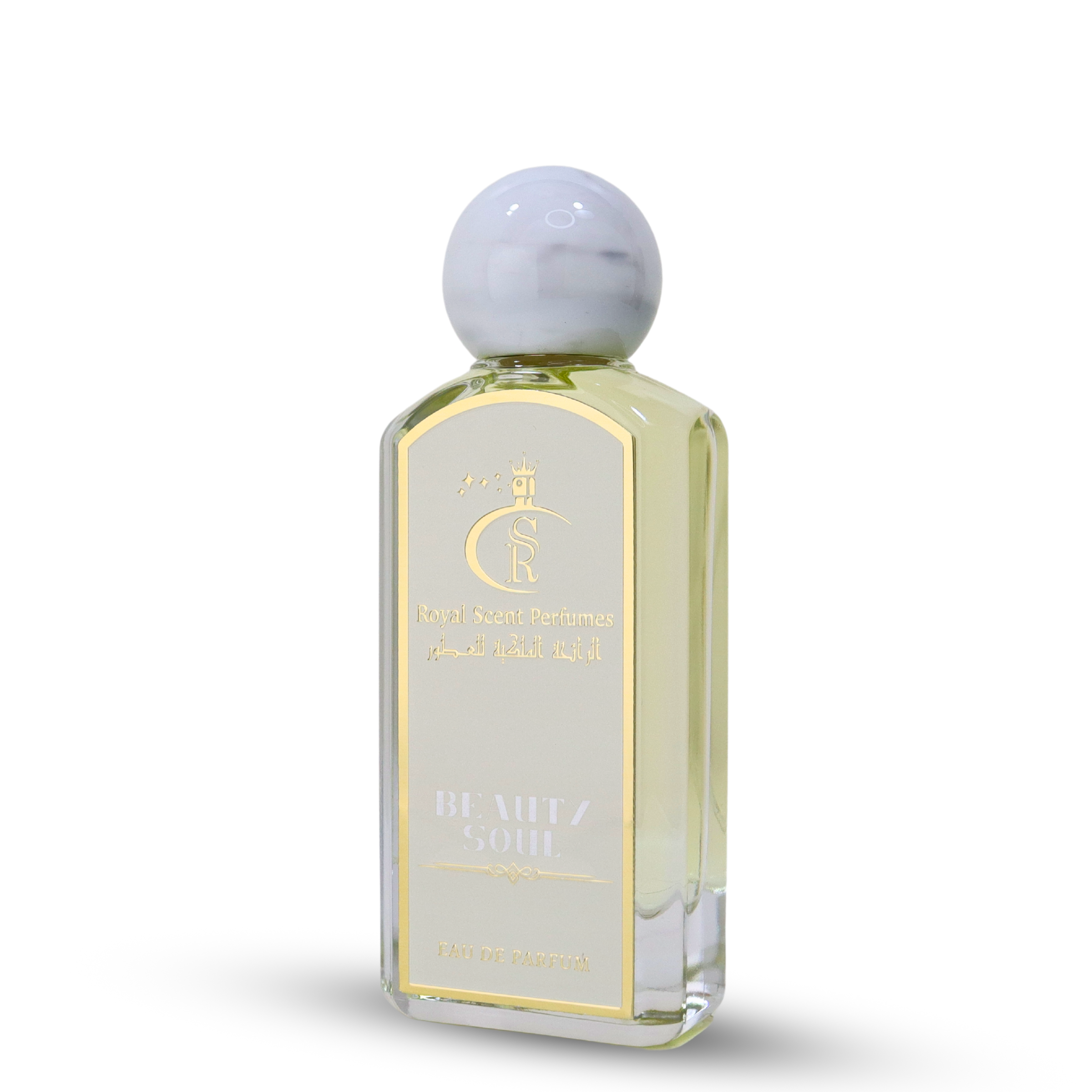 A woman in a white linen dress wearing Beauty Soul – where citrus sparkle meets floral grace in a whisper of musk