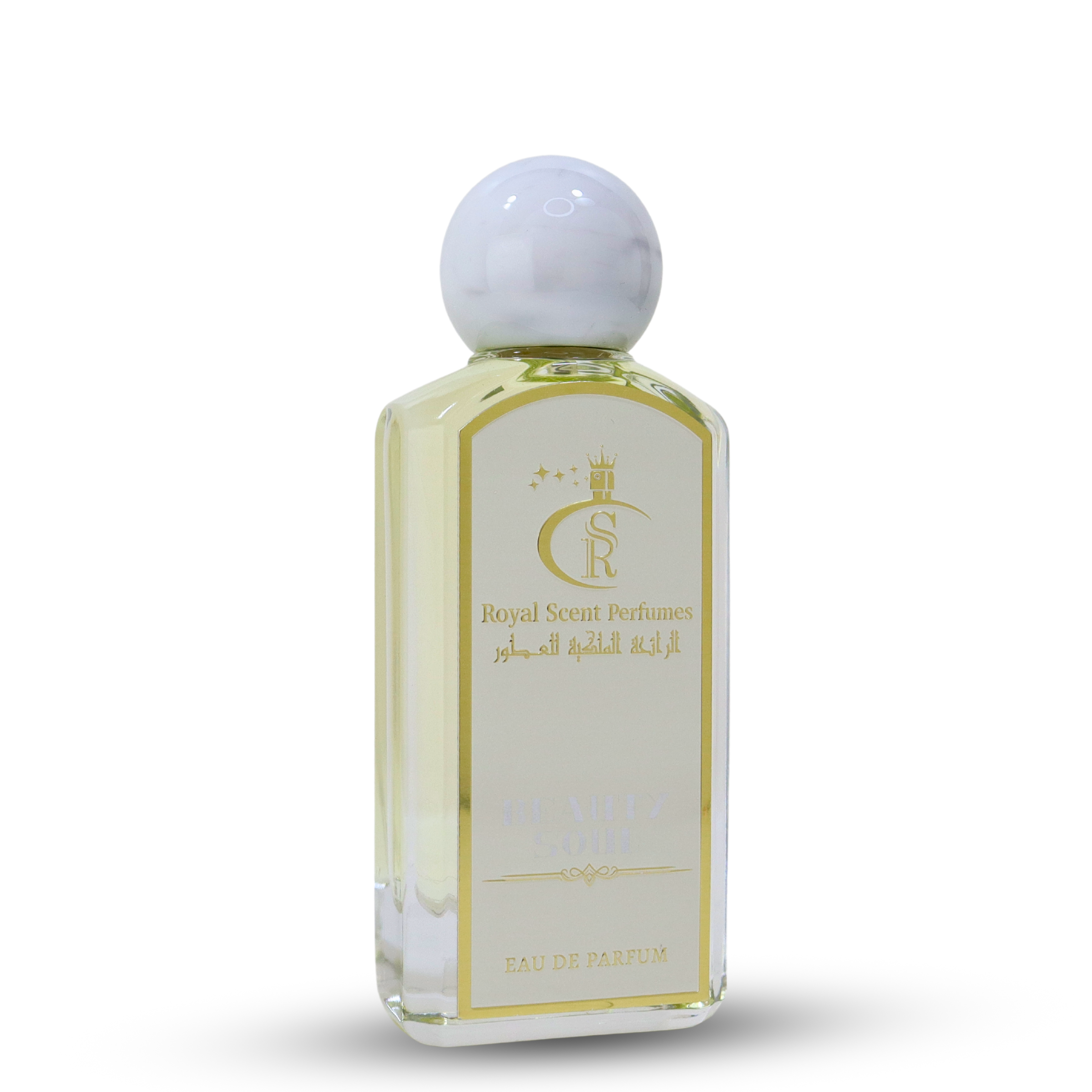 Perfume bottle with gold label on a white background
