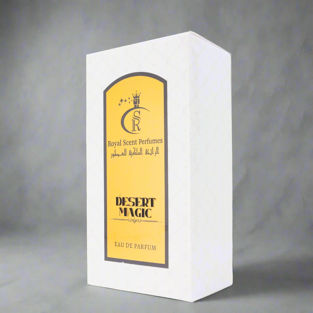 A wanderer in golden sands wearing Desert Magic – where rose meets smoky vanilla under an open sky.