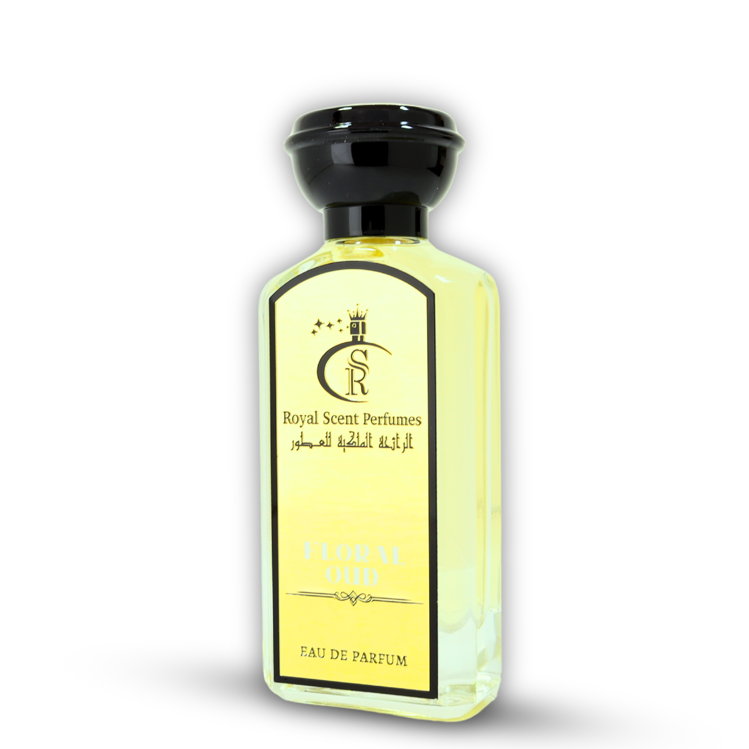 Floral Oud Perfume – A unisex fragrance blending rich oud, green herbs, and woody spices in an elegant bottle.
