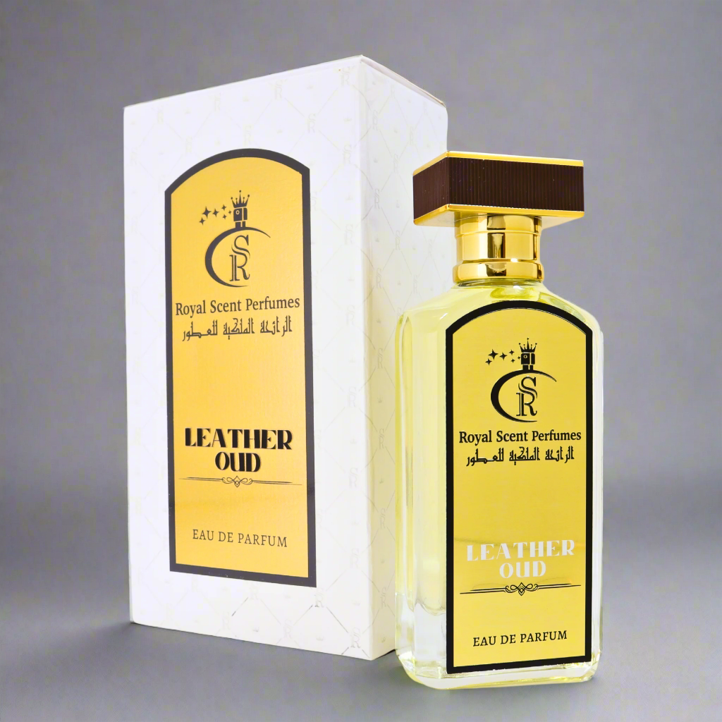 Elegant Leather Oud Perfume bottle in box – A daring blend of apricot, cotton candy, and amberwood with a smoky leather dry-down