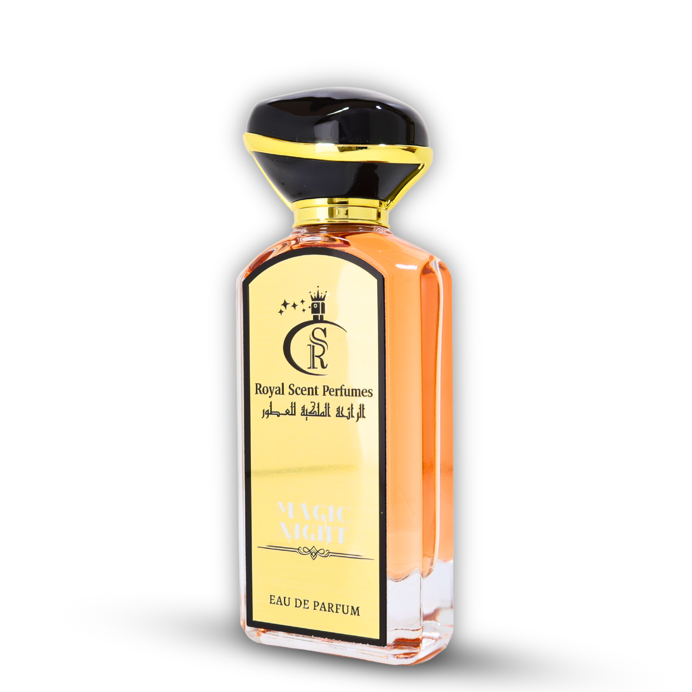 Magic Night – A unisex floral fragrance with rose, vanilla, and musky leather in a mesmerizing midnight-blue bottle.