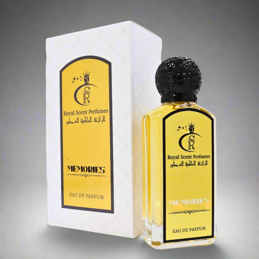 'Memories' perfume bottle inside an elegant white-gold box – a sophisticated blend of Moroccan rose, amber, and Madagascan vanilla.
