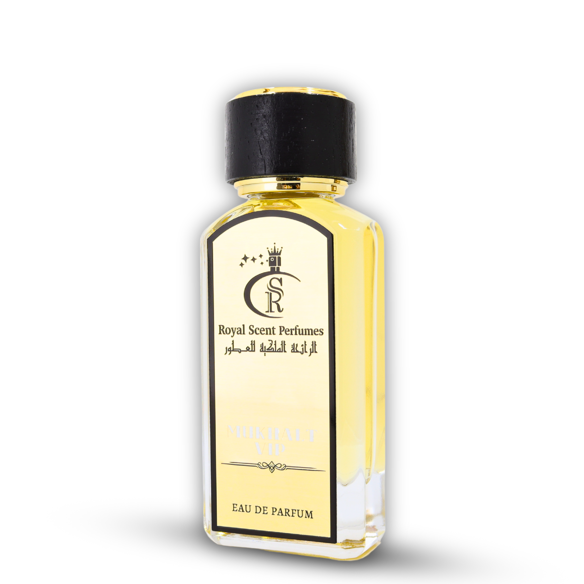 Mukhlat VIP – A sophisticated woody aromatic fragrance for men with clary sage, saffron, and agarwood (oud) in a sleek bottle.