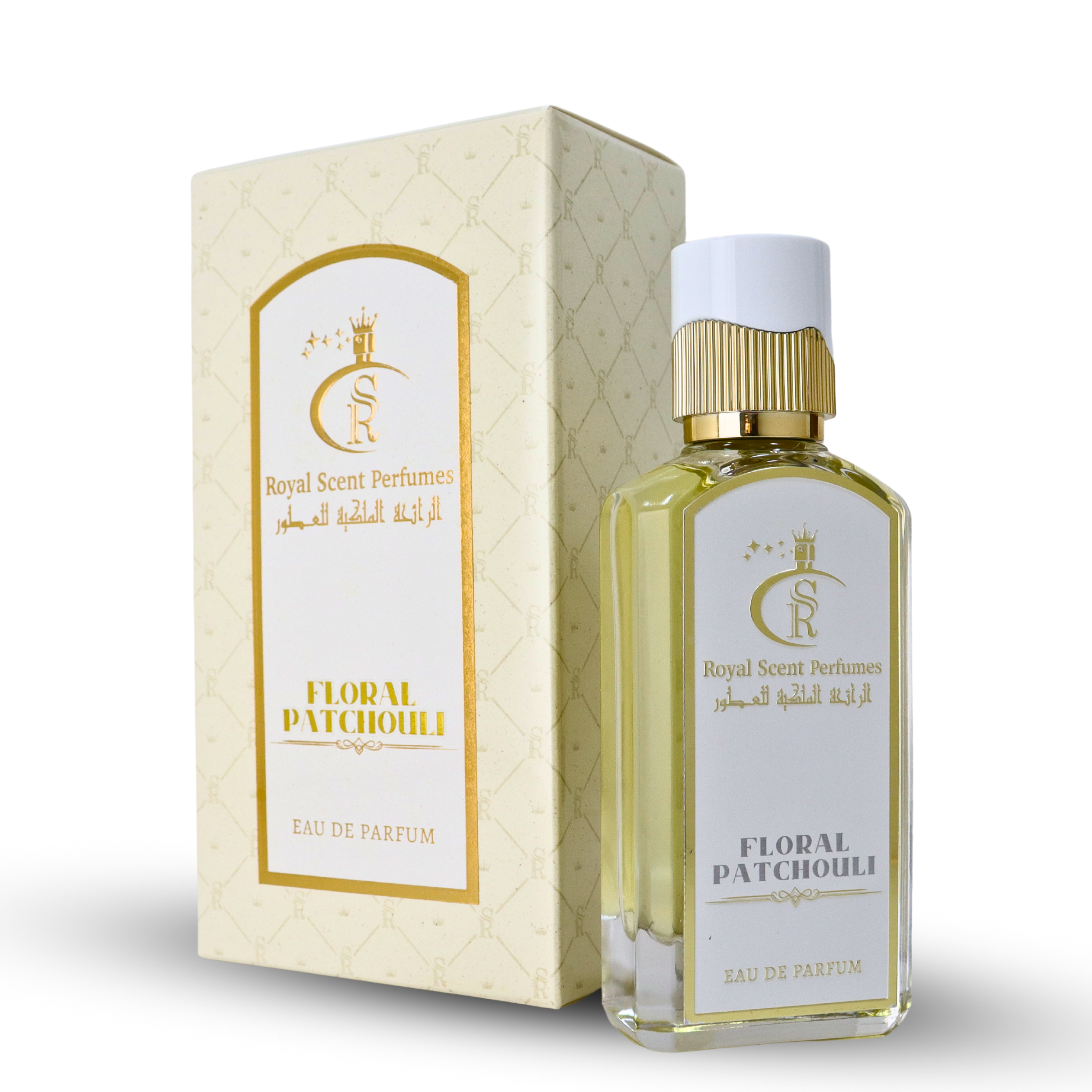 Floral Patchouli perfume bottle and packaging on a white background